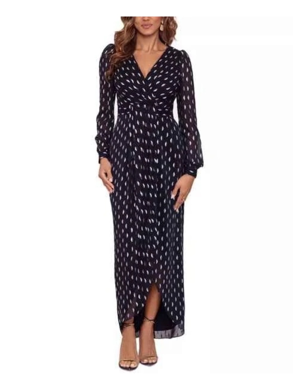 Betsy Adam Long Black V-Neck Dress with Gold Teardrop Print Size 6